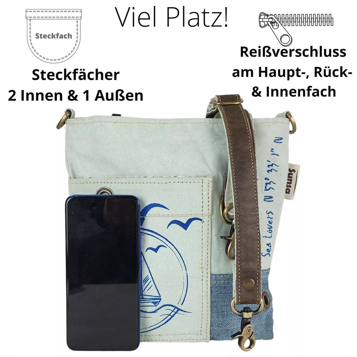 Sunsa Damen Tasche, Nachhaltig Umhängetasche aus recycelter Jeans & Canvas mit Maritim-Motiv Segelboot - HOLE-X-WORLD