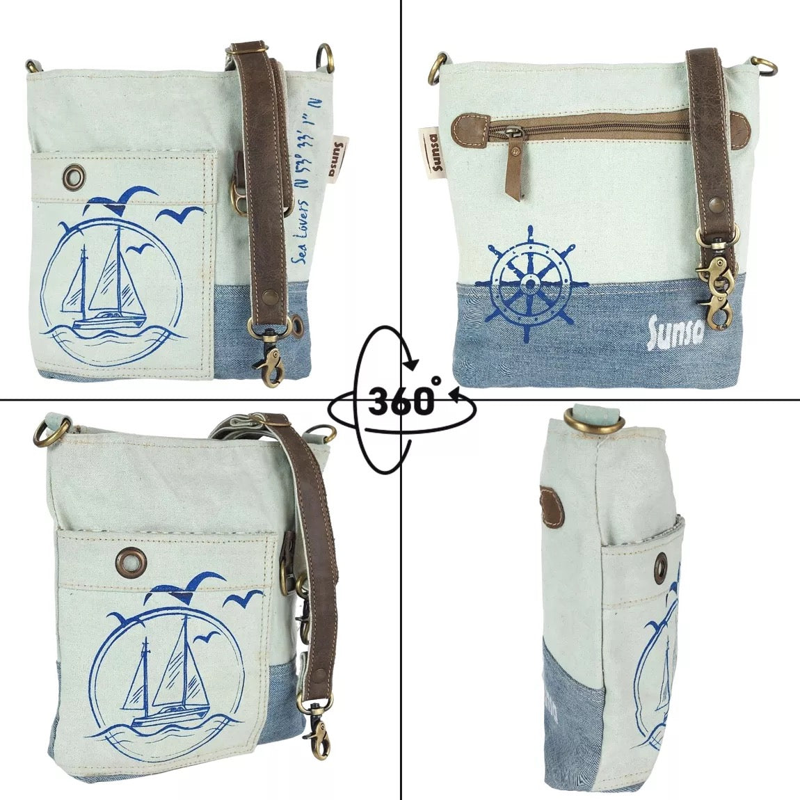 Sunsa Damen Tasche, Nachhaltig Umhängetasche aus recycelter Jeans & Canvas mit Maritim-Motiv Segelboot - HOLE-X-WORLD