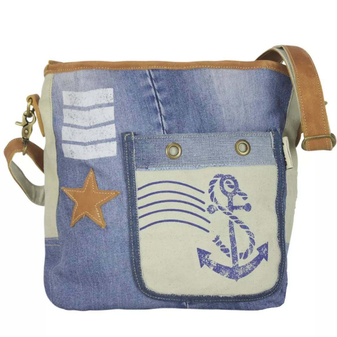 Sunsa Umhängetasche Damen Tasche aus Canvas recycelt Jeans Maritim Style - HOLE-X-WORLD