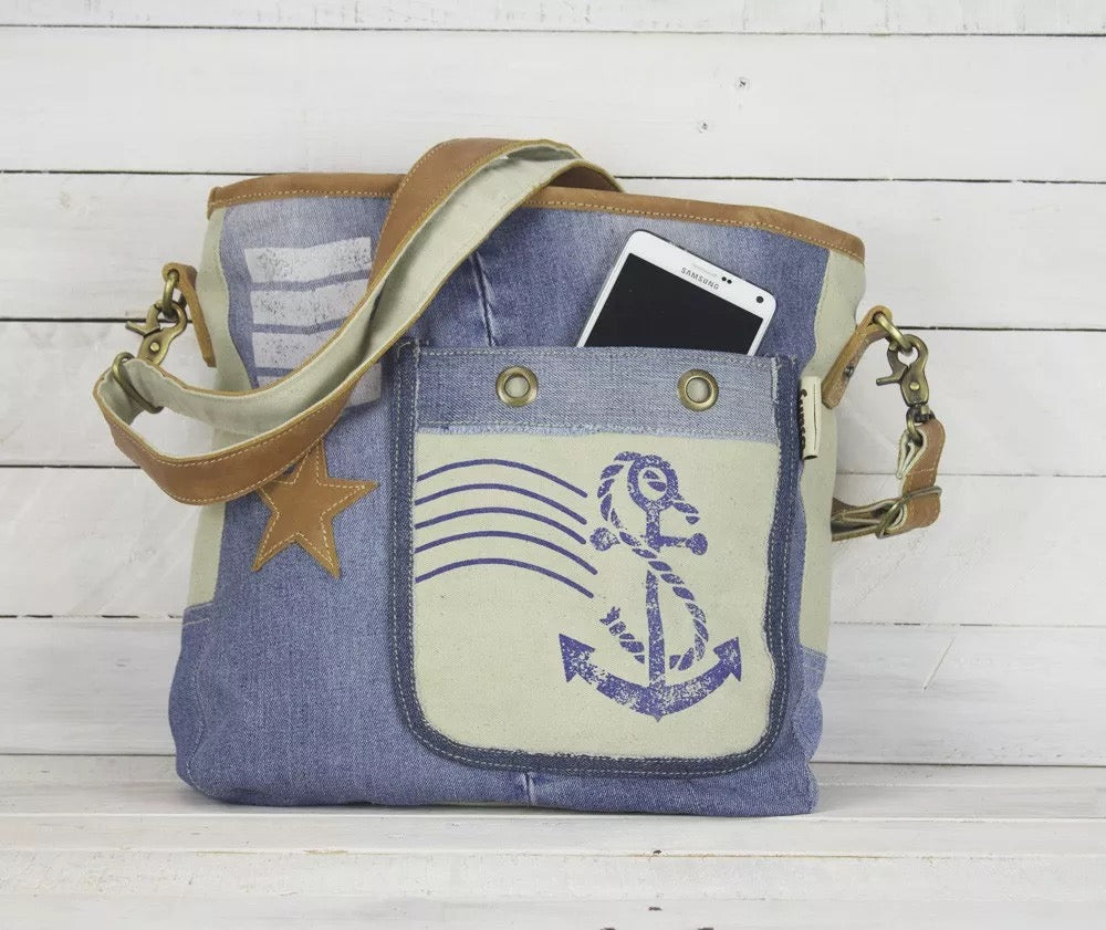 Sunsa Umhängetasche Damen Tasche aus Canvas recycelt Jeans Maritim Style - HOLE-X-WORLD