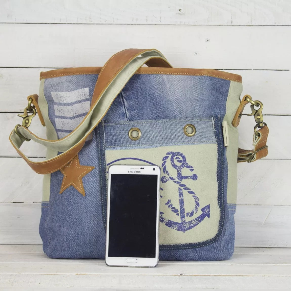 Sunsa Umhängetasche Damen Tasche aus Canvas recycelt Jeans Maritim Style - HOLE-X-WORLD