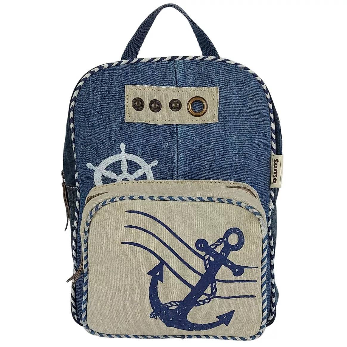 Sunsa Damen Rucksack. Nachhaltige Backpack aus recycelte Jeans, Canvas & Leder. Maritim Ankermotiv Daypack/Cityrucksack. Freizeitrucksack als Geschenkidee für Meerliebhaber - HOLE-X-WORLD