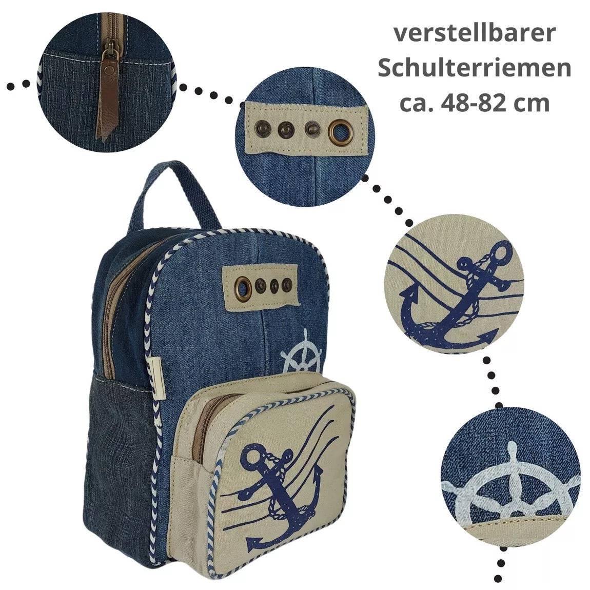 Sunsa Damen Rucksack. Nachhaltige Backpack aus recycelte Jeans, Canvas & Leder. Maritim Ankermotiv Daypack/Cityrucksack. Freizeitrucksack als Geschenkidee für Meerliebhaber - HOLE-X-WORLD