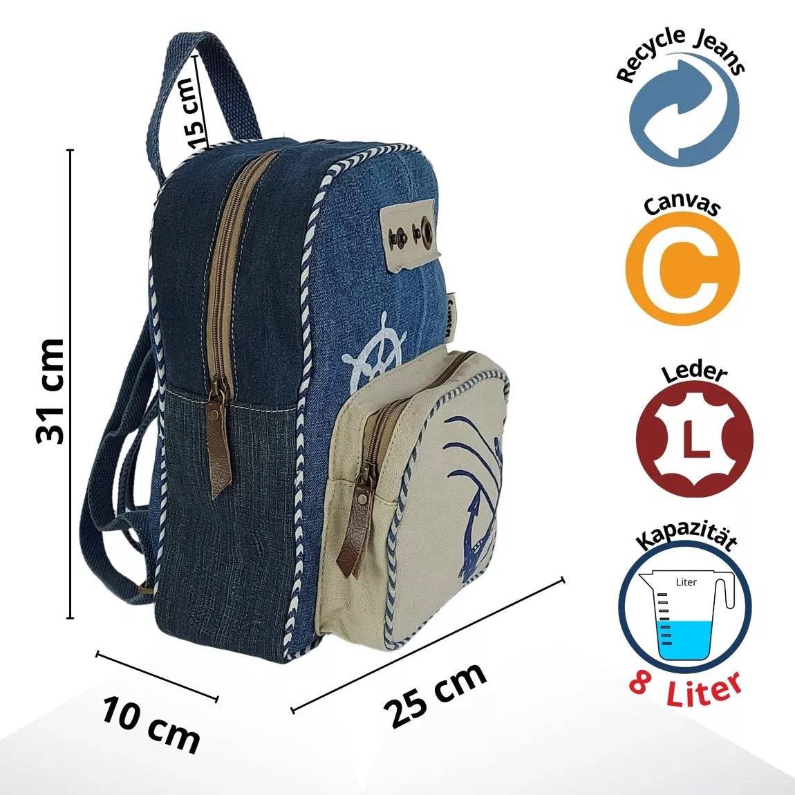 Sunsa Damen Rucksack. Nachhaltige Backpack aus recycelte Jeans, Canvas & Leder. Maritim Ankermotiv Daypack/Cityrucksack. Freizeitrucksack als Geschenkidee für Meerliebhaber - HOLE-X-WORLD