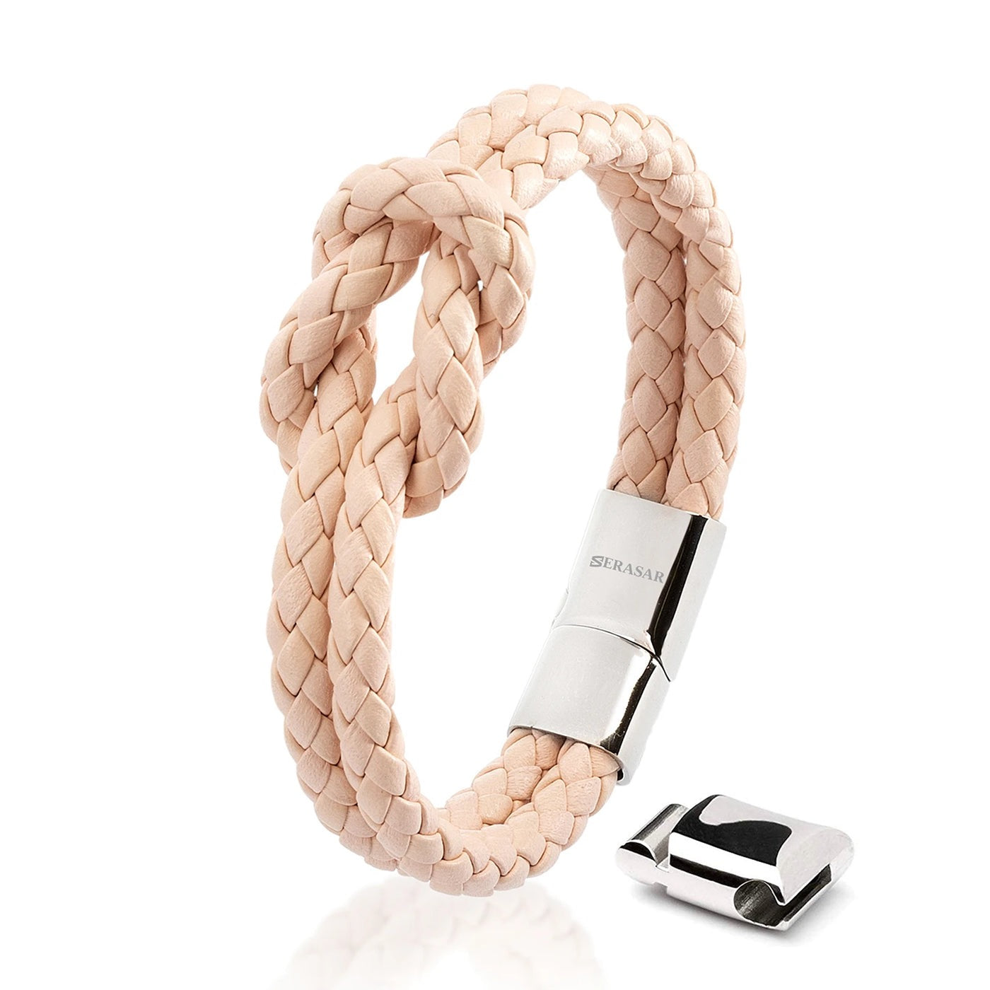 Armband "Knot" - Echtes Rindsleder, polierter Edelstahl (rostfrei) und ein starker Magnet-Verschluss - WEISS