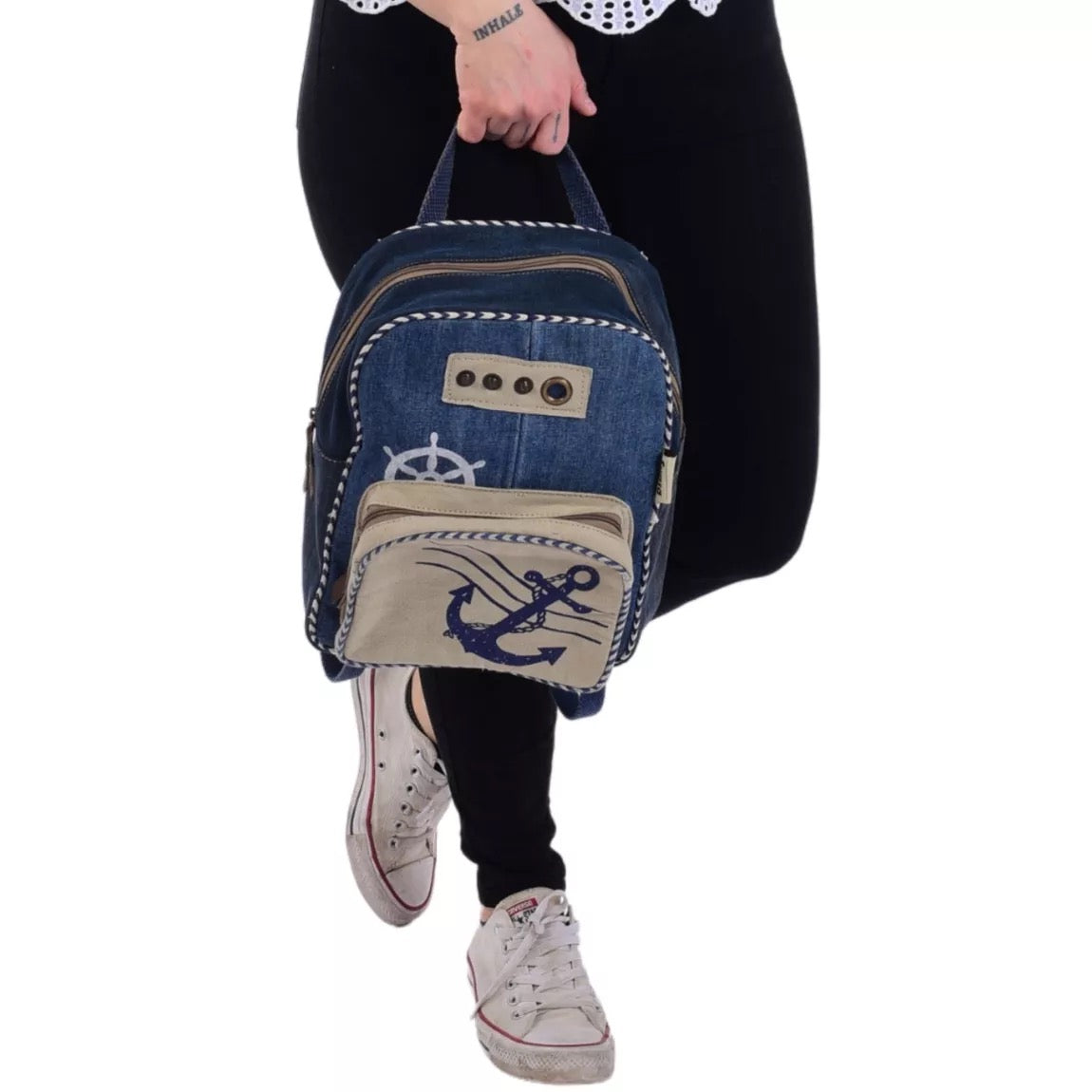 Sunsa Damen Rucksack. Nachhaltige Backpack aus recycelte Jeans, Canvas & Leder. Maritim Ankermotiv Daypack/Cityrucksack. Freizeitrucksack als Geschenkidee für Meerliebhaber - HOLE-X-WORLD