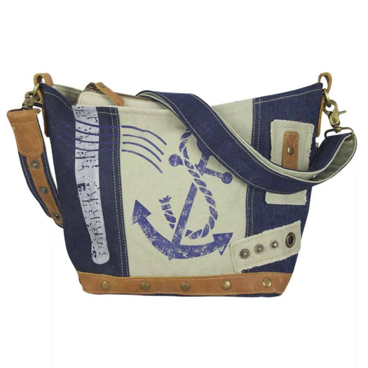 Sunsa kleine Damen Canvas Tasche. Umhängetasche aus recycelte jeans & Canvas. Schultertasche mit Maritim Motiv, Anker - HOLE-X-WORLD