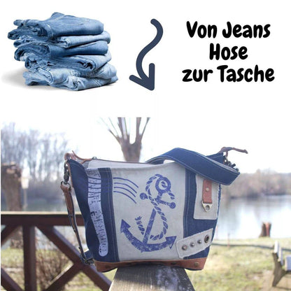 Sunsa kleine Damen Canvas Tasche. Umhängetasche aus recycelte jeans & Canvas. Schultertasche mit Maritim Motiv, Anker - HOLE-X-WORLD