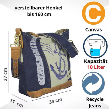 Sunsa kleine Damen Canvas Tasche. Umhängetasche aus recycelte jeans & Canvas. Schultertasche mit Maritim Motiv, Anker - HOLE-X-WORLD