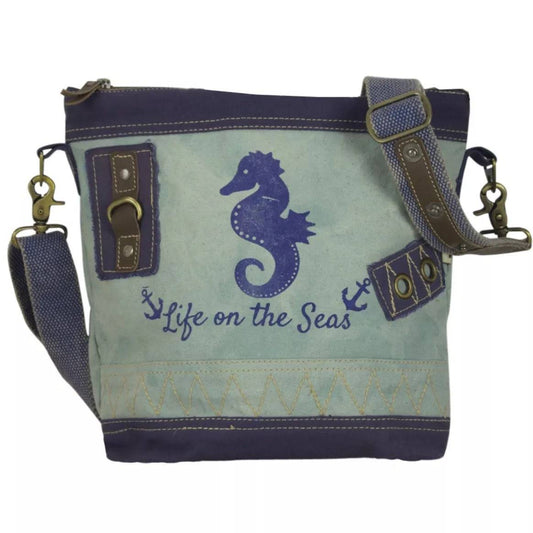 Sunsa Maritim Canvas Tasche blau Umhängetasche Schultertasche Seepferd klein - HOLE-X-WORLD