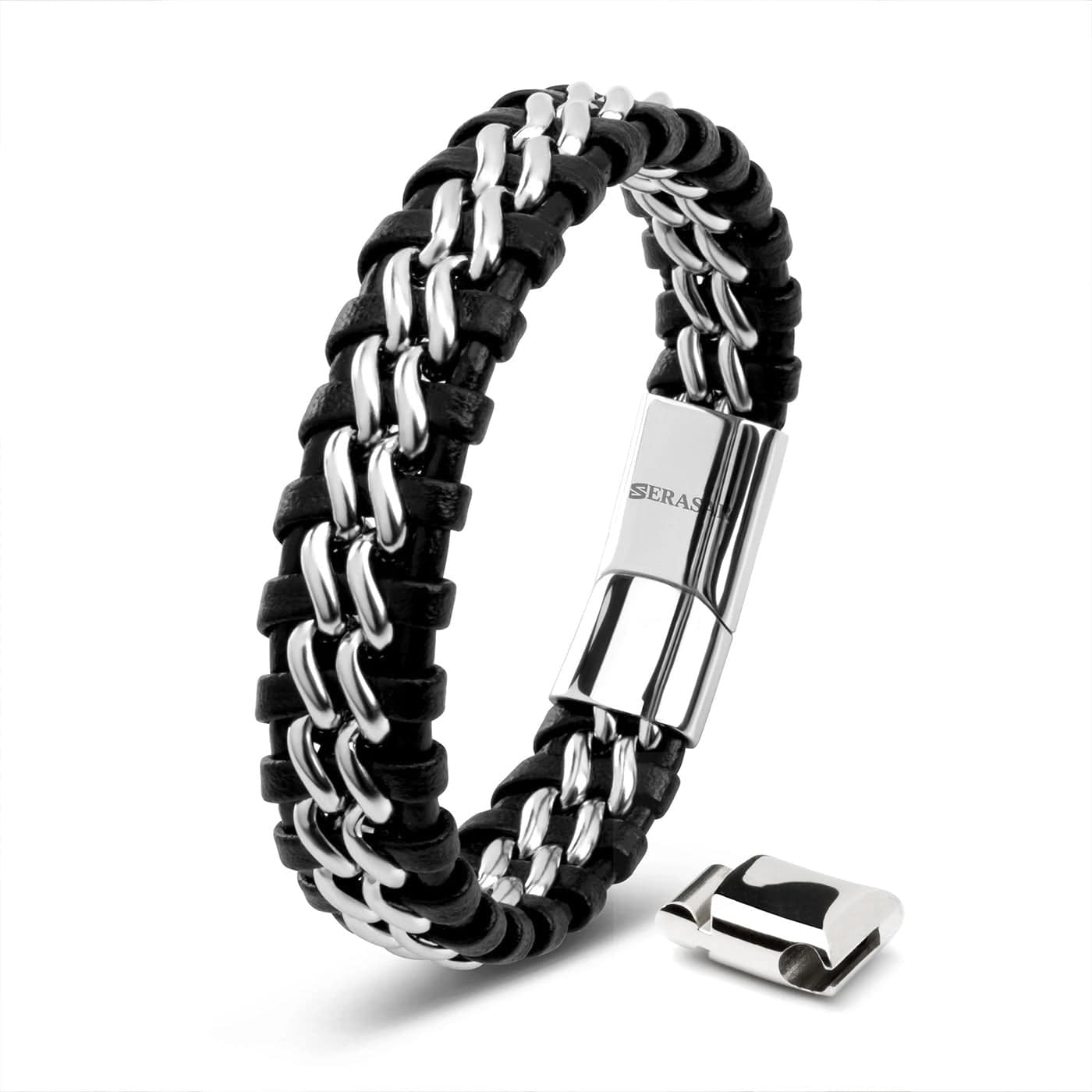 Lederarmband "Steel" - Echtes Rindsleder, polierter Edelstahl (rostfrei) und ein starker Magnet-Verschluss - GOLD/SCHWARZ