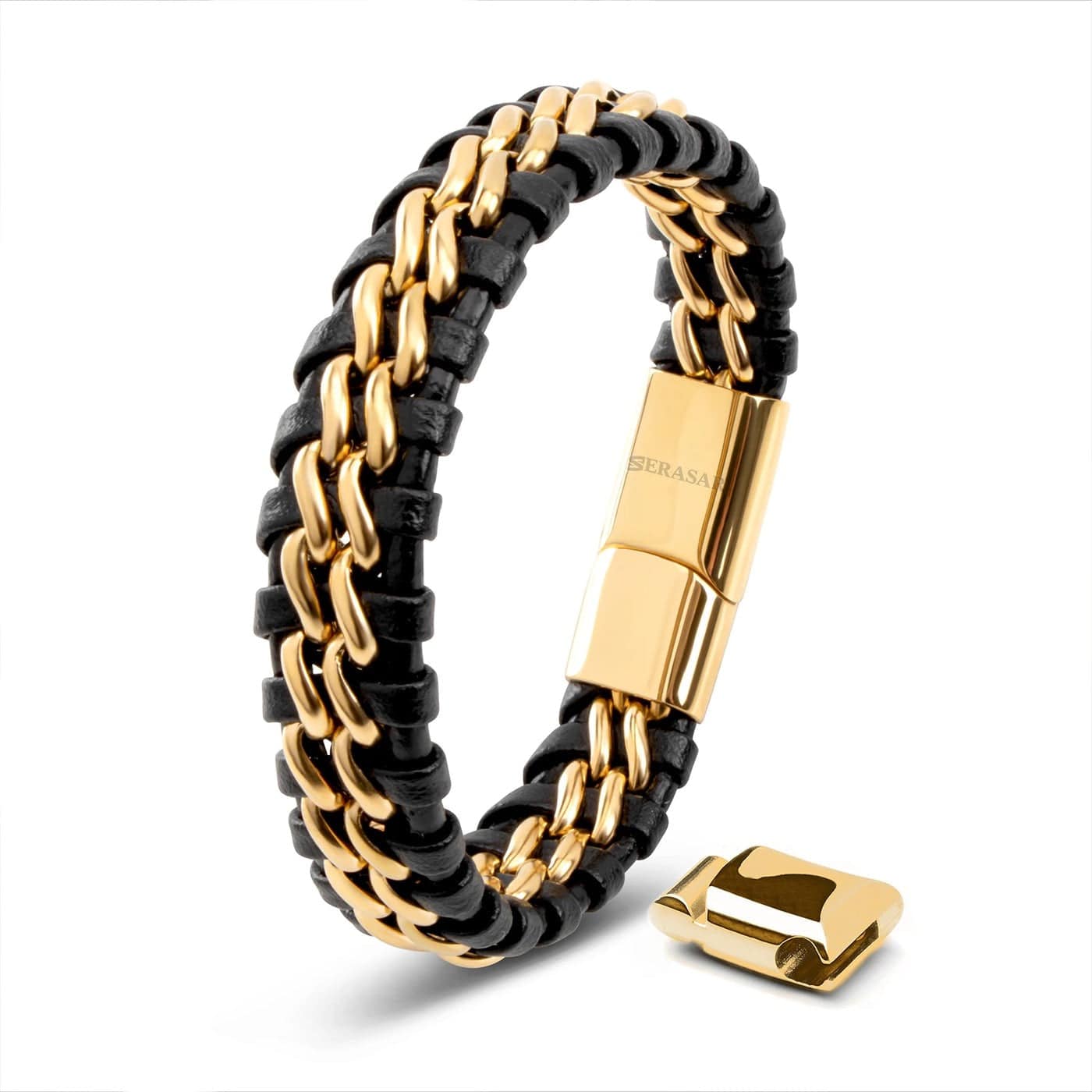 Lederarmband "Steel" - Echtes Rindsleder, polierter Edelstahl (rostfrei) und ein starker Magnet-Verschluss - GOLD/SCHWARZ