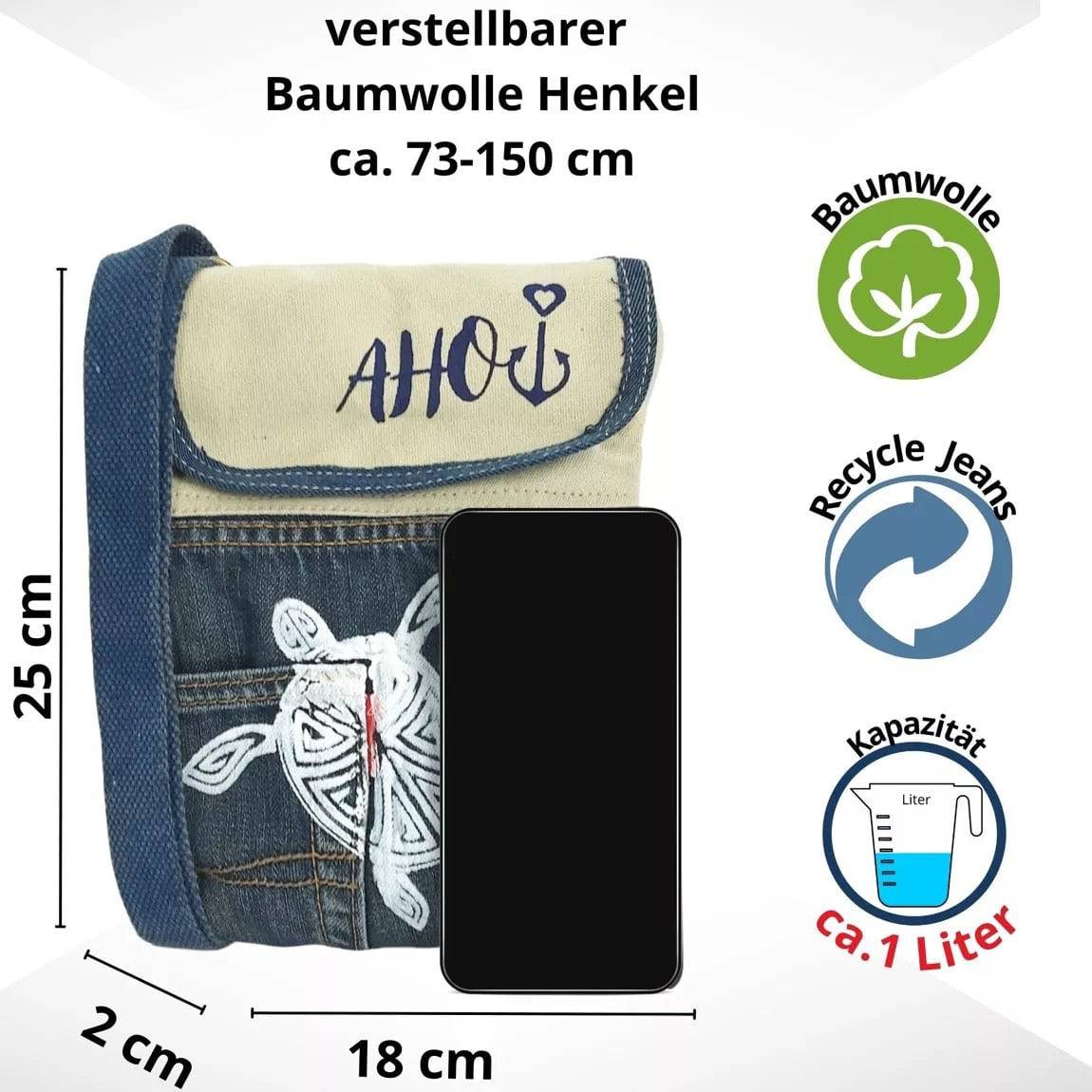 Sunsa Damen Umhängetasche. Nachhaltige Crossover Tasche aus Recycelte Jeans & Baumwolle. Kleine Messenger Bag mit Maritim Motiv Schildkröte - HOLE-X-WORLD