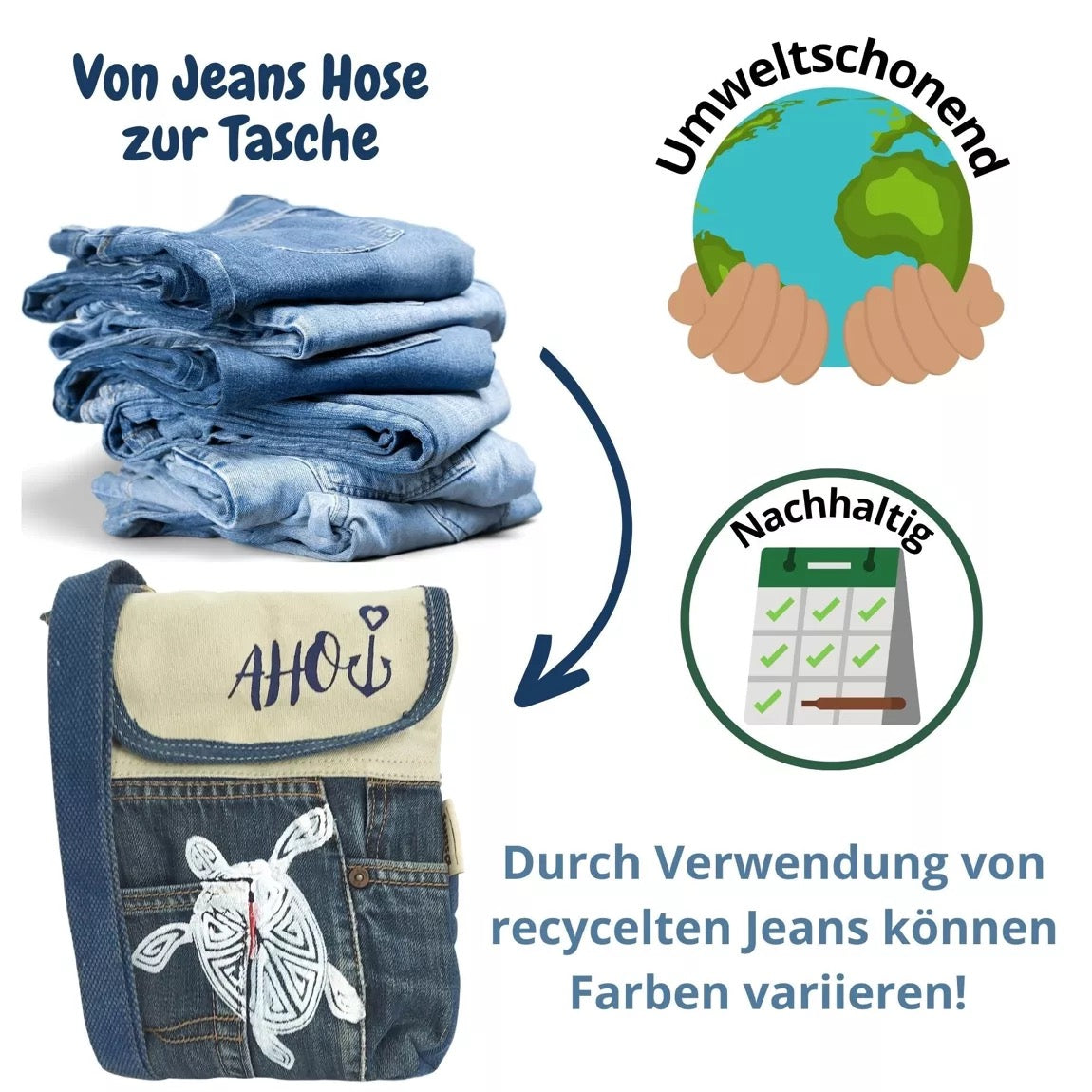 Sunsa Damen Umhängetasche. Nachhaltige Crossover Tasche aus Recycelte Jeans & Baumwolle. Kleine Messenger Bag mit Maritim Motiv Schildkröte - HOLE-X-WORLD