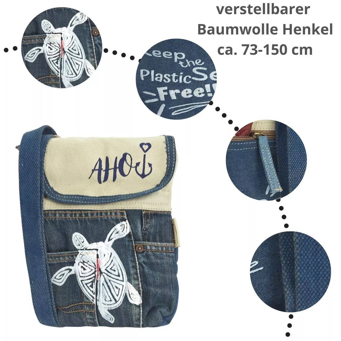 Sunsa Damen Umhängetasche. Nachhaltige Crossover Tasche aus Recycelte Jeans & Baumwolle. Kleine Messenger Bag mit Maritim Motiv Schildkröte - HOLE-X-WORLD