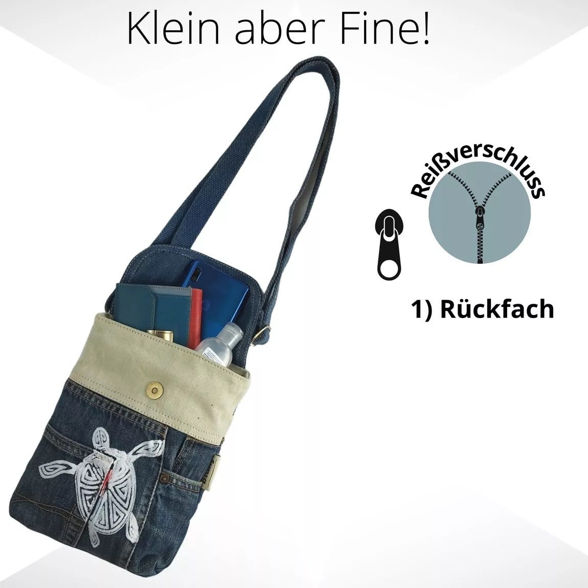 Sunsa Damen Umhängetasche. Nachhaltige Crossover Tasche aus Recycelte Jeans & Baumwolle. Kleine Messenger Bag mit Maritim Motiv Schildkröte - HOLE-X-WORLD