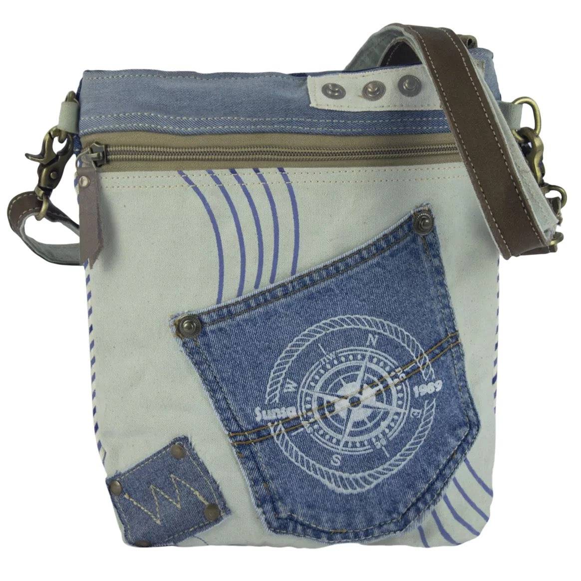 Sunsa Damen Tasche, Nachhaltig Umhängetasche aus recycelter Jeans & Canvas. Maritim-Motiv Kompass - HOLE-X-WORLD