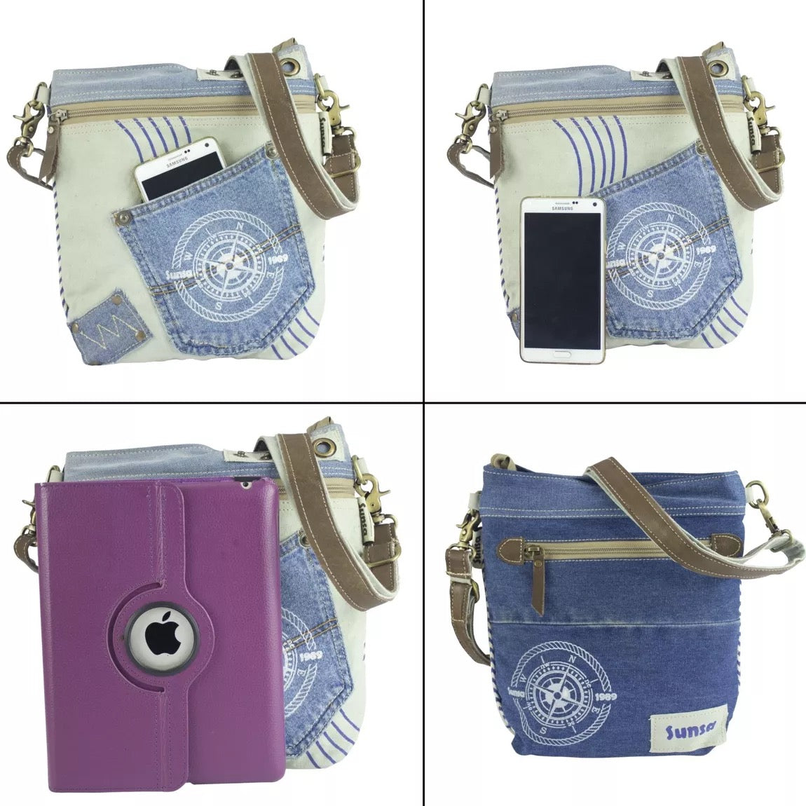 Sunsa Damen Tasche, Nachhaltig Umhängetasche aus recycelter Jeans & Canvas. Maritim-Motiv Kompass - HOLE-X-WORLD