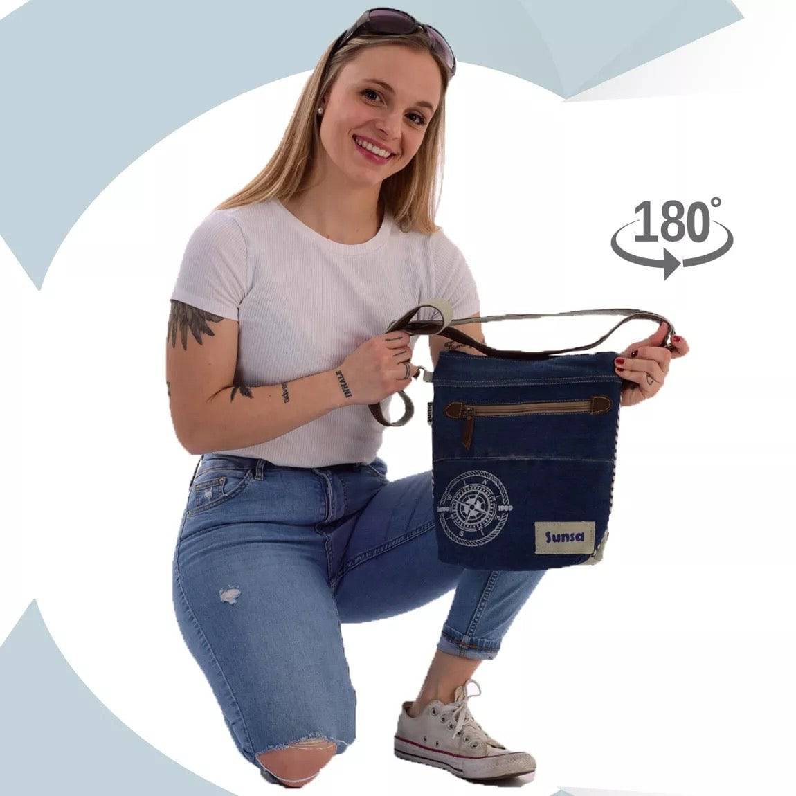 Sunsa Damen Tasche, Nachhaltig Umhängetasche aus recycelter Jeans & Canvas. Maritim-Motiv Kompass - HOLE-X-WORLD