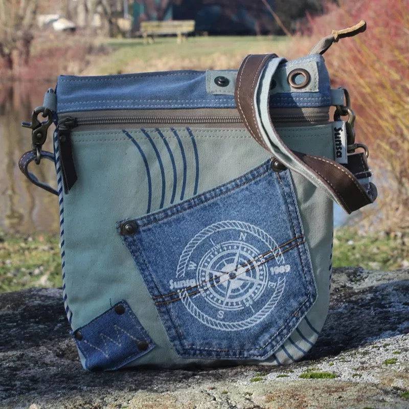 Sunsa Damen Tasche, Nachhaltig Umhängetasche aus recycelter Jeans & Canvas. Maritim-Motiv Kompass - HOLE-X-WORLD