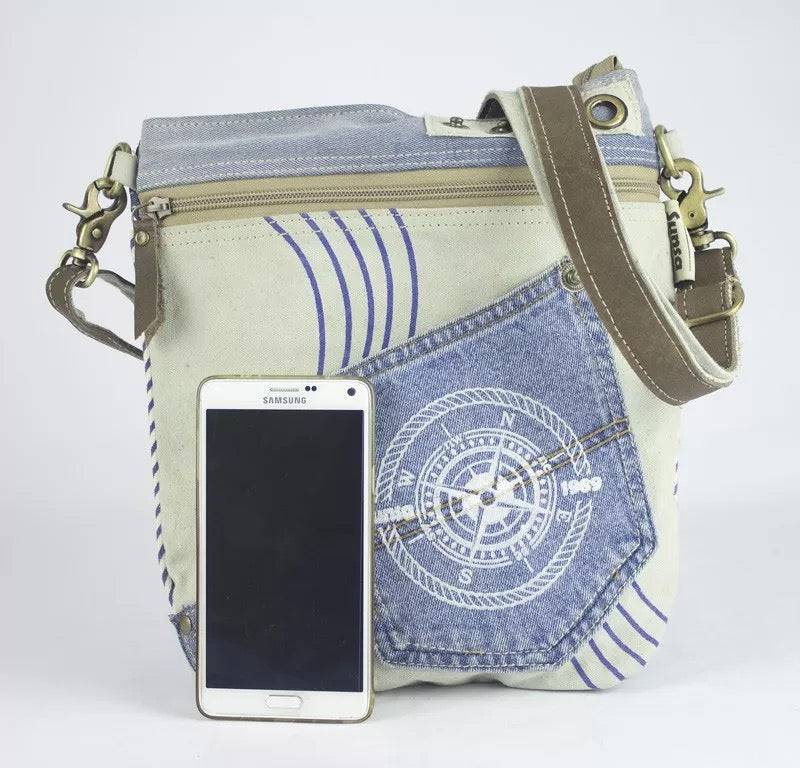 Sunsa Damen Tasche, Nachhaltig Umhängetasche aus recycelter Jeans & Canvas. Maritim-Motiv Kompass - HOLE-X-WORLD