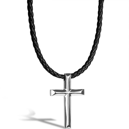 Halskette "KREUZ" in SILBER mit poliertem EDELSTAHL Anhänger und einer Kette aus Rindsleder