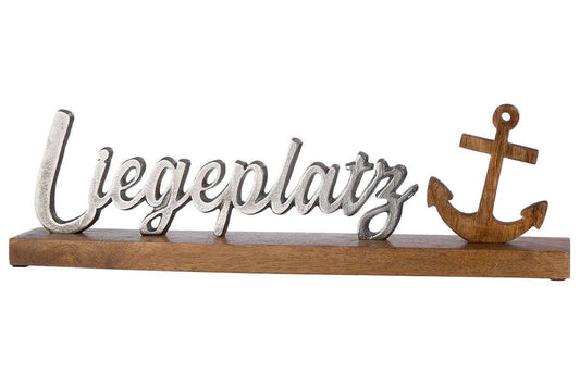 Strandgut Schriftzug Skulptur Holz mit Aluminium "LIEGEPLATZ" mit Anker aus Mangoholz modern handgemacht - HOLE-X-WORLD