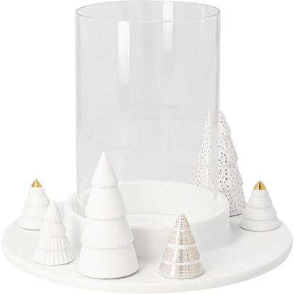 räder Windlicht Winterwald Tannen – Porzellansockel mit Tannen in verschiedenen Reliefs und Goldakzenten, Glaszylinder