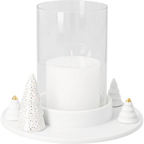 räder Windlicht Winterwald Tannen – Porzellansockel mit Tannen in verschiedenen Reliefs und Goldakzenten, Glaszylinder