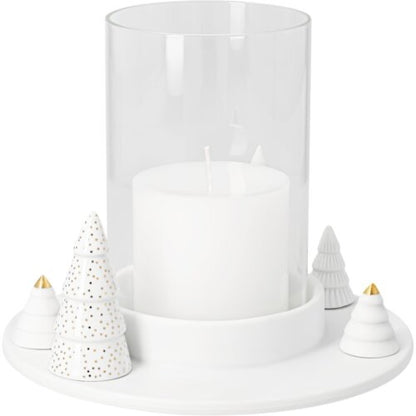 räder Windlicht Winterwald Tannen – Porzellansockel mit Tannen in verschiedenen Reliefs und Goldakzenten, Glaszylinder