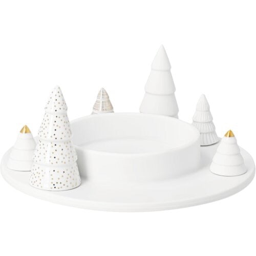 räder Windlicht Winterwald Tannen – Porzellansockel mit Tannen in verschiedenen Reliefs und Goldakzenten, Glaszylinder
