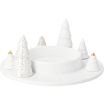 räder Windlicht Winterwald Tannen – Porzellansockel mit Tannen in verschiedenen Reliefs und Goldakzenten, Glaszylinder