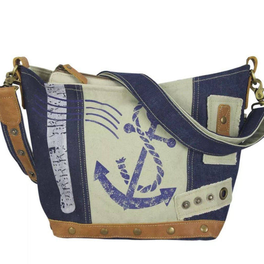 Sunsa kleine Damen Canvas Tasche. Umhängetasche aus recycelte jeans & Canvas. Schultertasche mit Maritim Motiv, Anker - HOLE-X