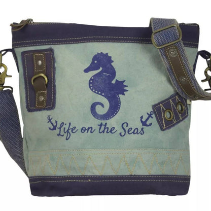Sunsa Maritim Canvas Tasche blau Umhängetasche Schultertasche Seepferd klein - HOLE-X