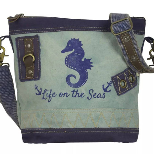 Sunsa Maritim Canvas Tasche blau Umhängetasche Schultertasche Seepferd klein - HOLE-X