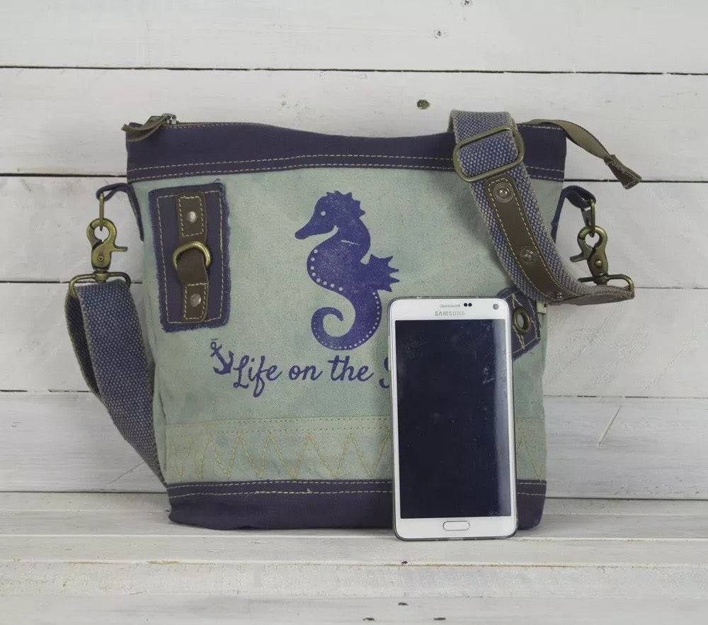 Sunsa Maritim Canvas Tasche blau Umhängetasche Schultertasche Seepferd klein - HOLE-X