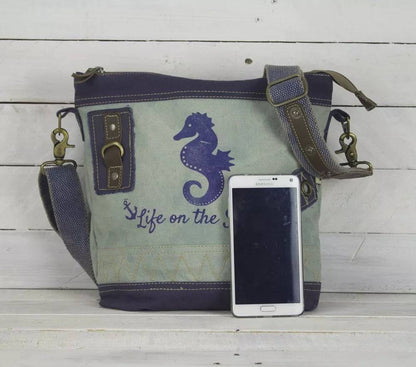 Sunsa Maritim Canvas Tasche blau Umhängetasche Schultertasche Seepferd klein - HOLE-X