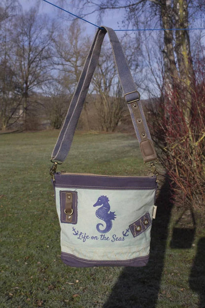 Sunsa Maritim Canvas Tasche blau Umhängetasche Schultertasche Seepferd klein - HOLE-X