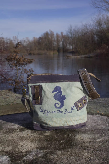 Sunsa Maritim Canvas Tasche blau Umhängetasche Schultertasche Seepferd klein - HOLE-X