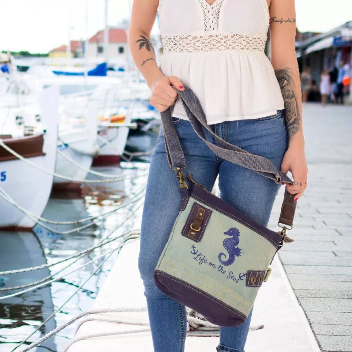 Sunsa Maritim Canvas Tasche blau Umhängetasche Schultertasche Seepferd klein - HOLE-X