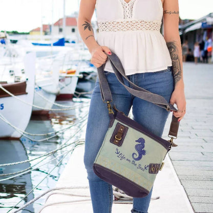 Sunsa Maritim Canvas Tasche blau Umhängetasche Schultertasche Seepferd klein - HOLE-X