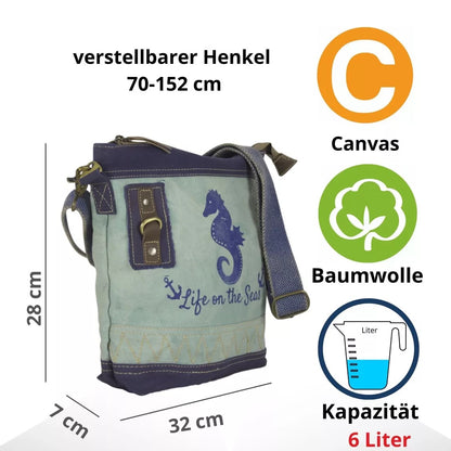 Sunsa Maritim Canvas Tasche blau Umhängetasche Schultertasche Seepferd klein - HOLE-X
