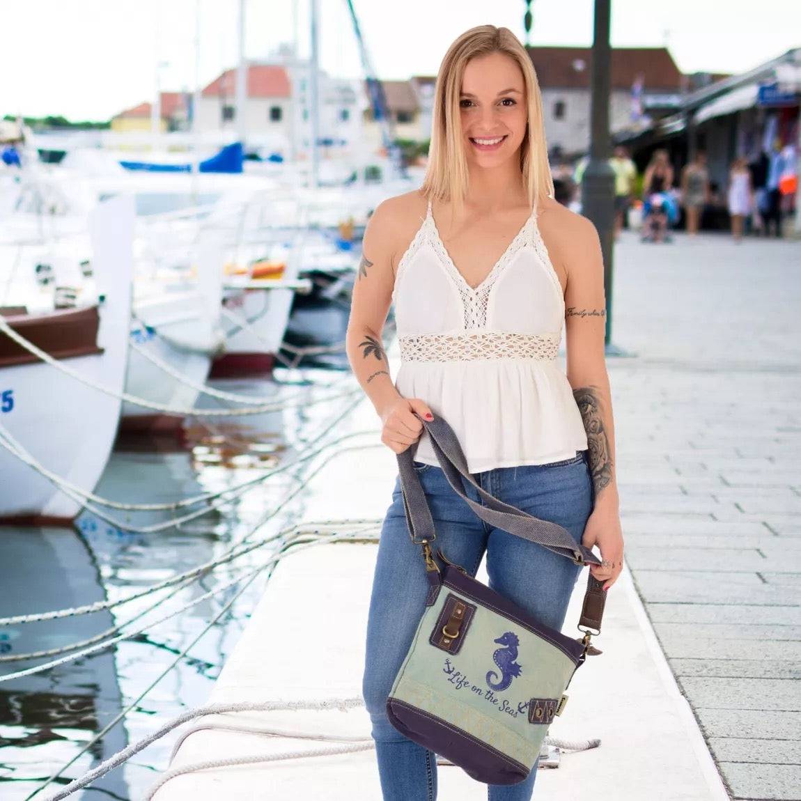 Sunsa Maritim Canvas Tasche blau Umhängetasche Schultertasche Seepferd klein - HOLE-X