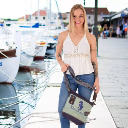 Sunsa Maritim Canvas Tasche blau Umhängetasche Schultertasche Seepferd klein - HOLE-X
