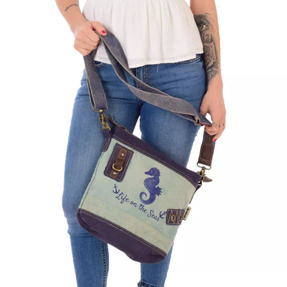 Sunsa Maritim Canvas Tasche blau Umhängetasche Schultertasche Seepferd klein - HOLE-X
