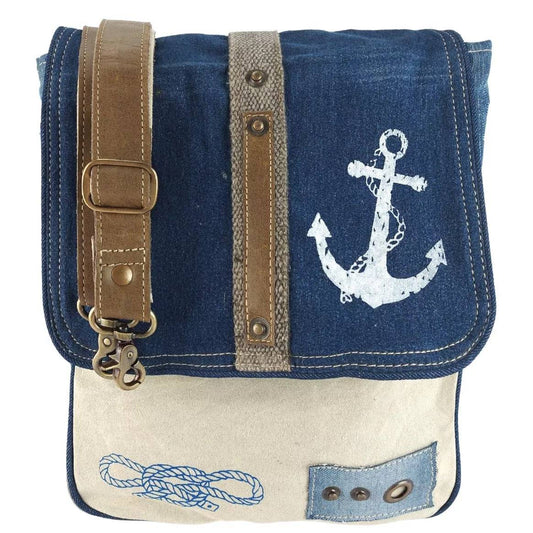 Sunsa Messenger Tasche aus recycelter Jeans & Canvas. Nachhaltige Umhängetasche mit Maritim Motiv - HOLE-X
