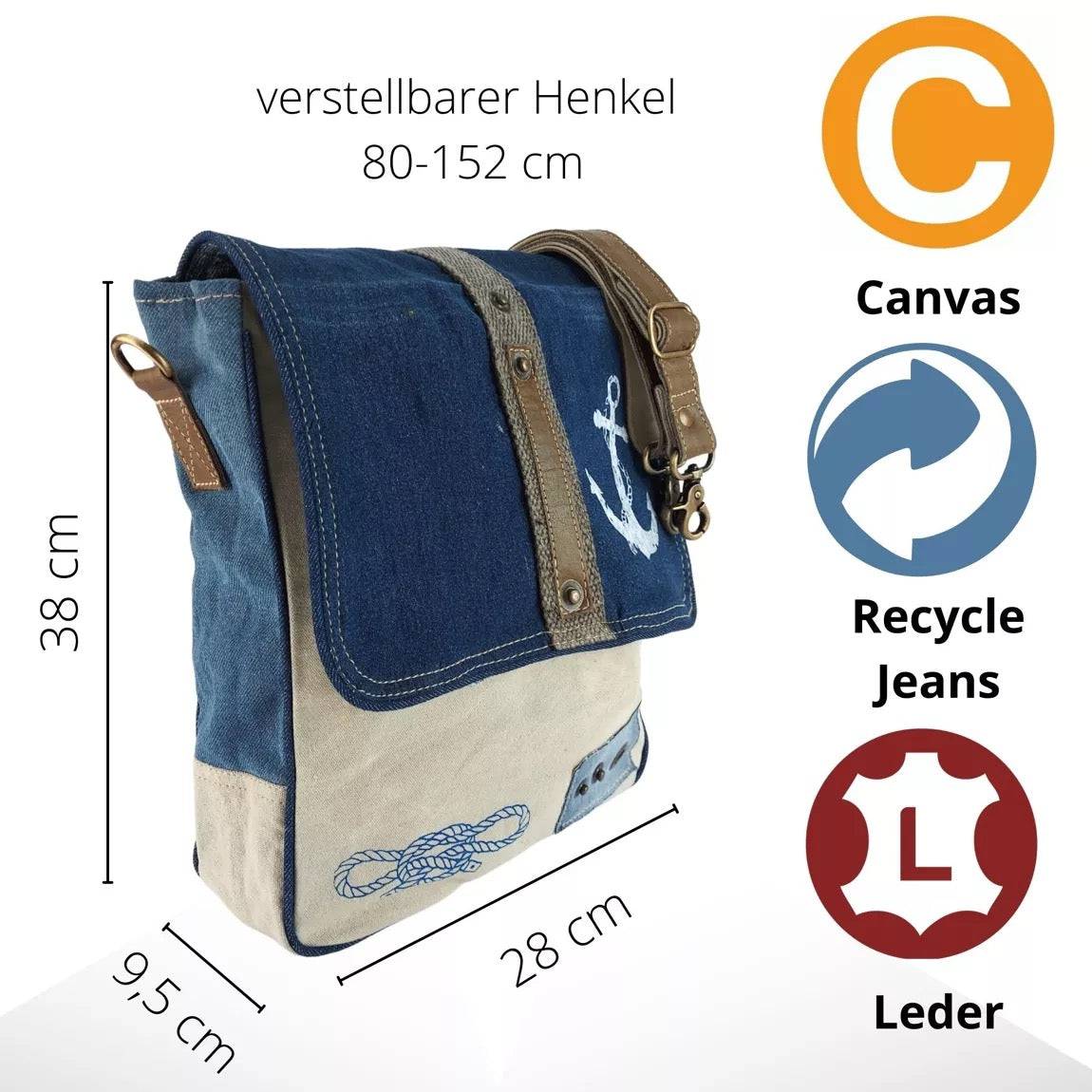 Sunsa Messenger Tasche aus recycelter Jeans & Canvas. Nachhaltige Umhängetasche mit Maritim Motiv - HOLE-X