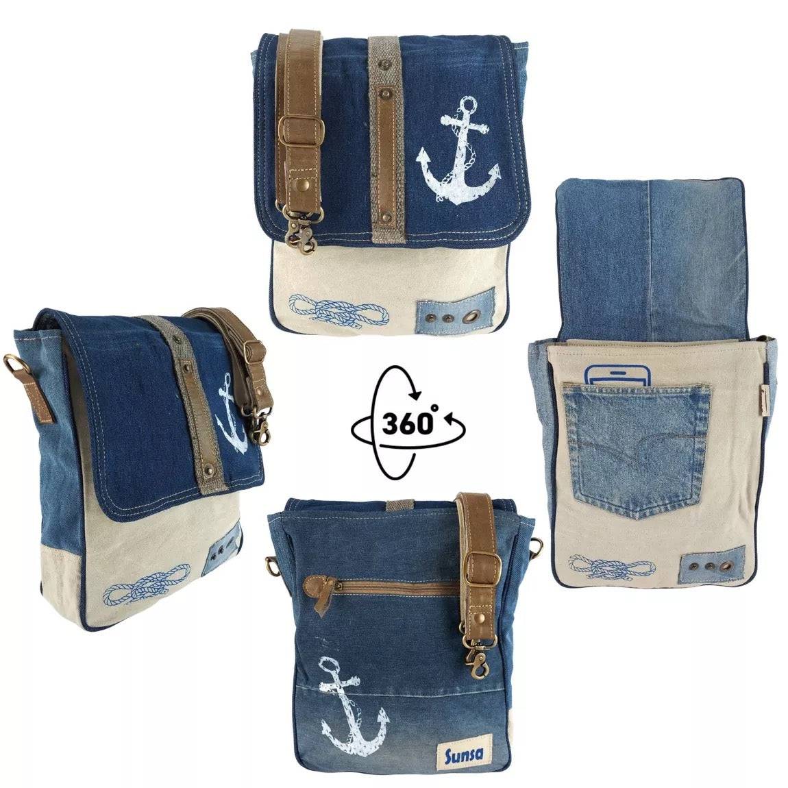 Sunsa Messenger Tasche aus recycelter Jeans & Canvas. Nachhaltige Umhängetasche mit Maritim Motiv - HOLE-X