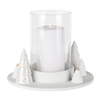 räder Windlicht Winterwald Tannen – Porzellansockel mit Tannen in verschiedenen Reliefs und Goldakzenten, Glaszylinder