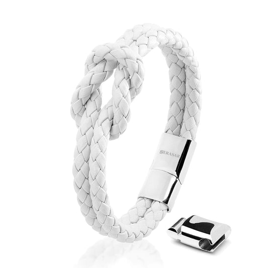 Armband "Knot" - Echtes Rindsleder, polierter Edelstahl (rostfrei) und ein starker Magnet-Verschluss - WEISS